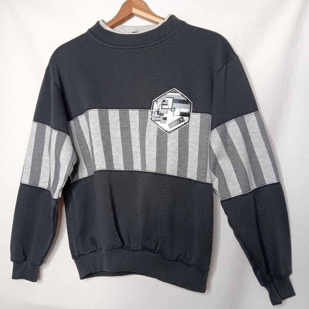 Vintage 80s Sasson Unisex Medium Sweatshirt Crew Neck Black Gray Stripe Retro